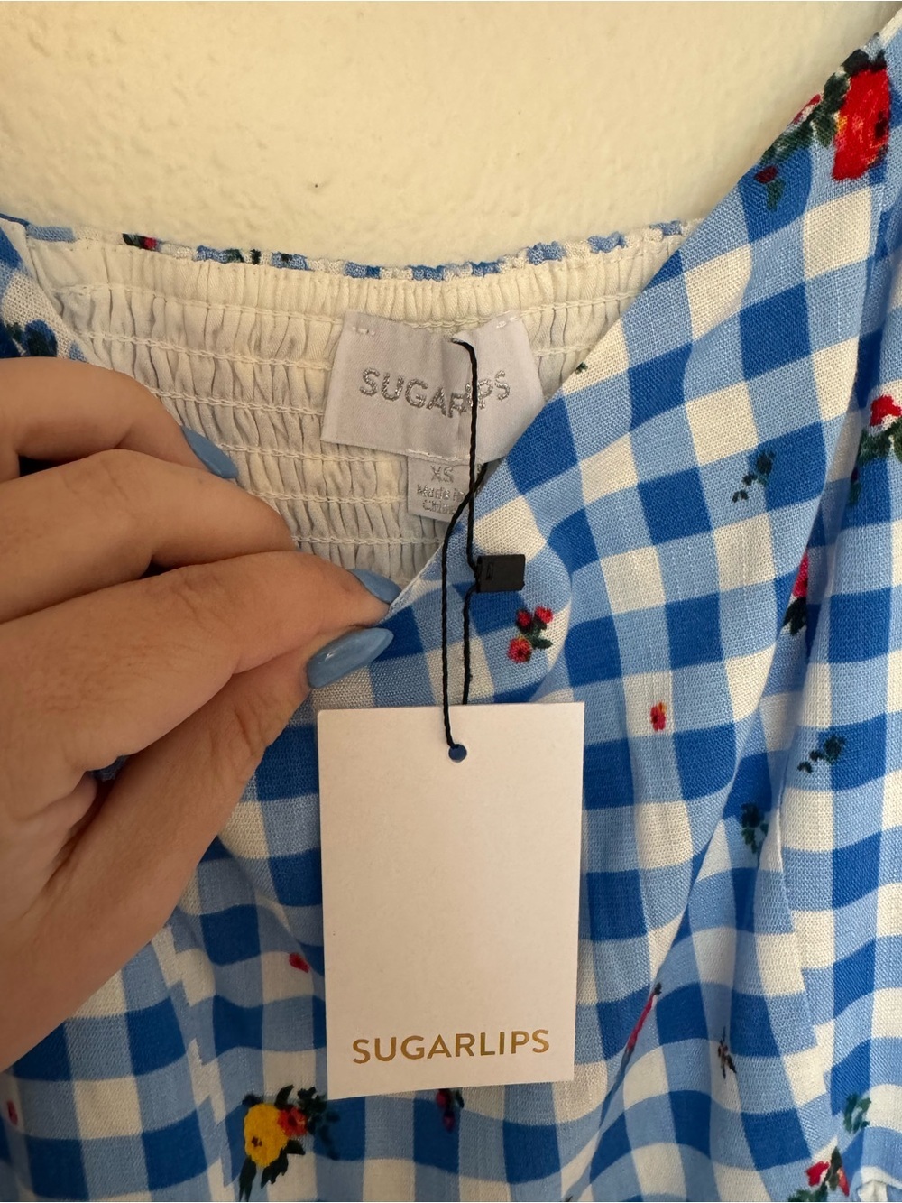 NEW SugarLips Dorothy Rose Gingham Puff Sleeve Mini Dress Blue Floral XS NWT - Picture 6 of 8